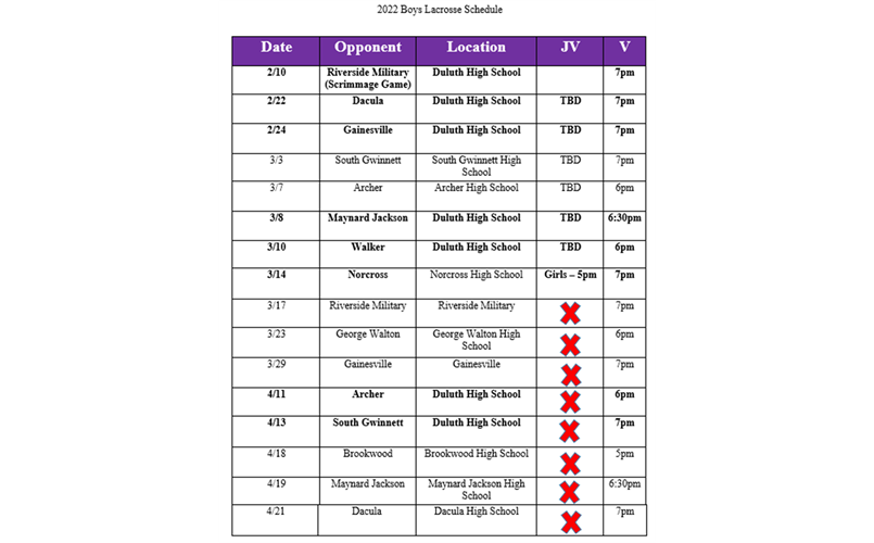 Boys Schedule Spring 2022