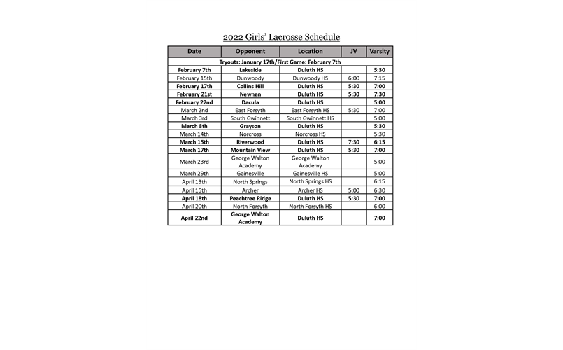 Girls Schedule Spring 2022